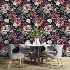 Luxury Dark Floral Navy Burgundy Wallpaper – Elegant Peel-and-Stick Accent Wall