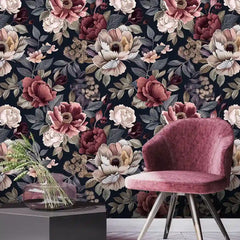 Luxury Dark Floral Navy Burgundy Wallpaper – Elegant Peel-and-Stick Accent Wall