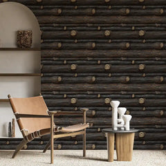 Dark Rustic Wood Log Wallpaper – Cabin Style Peel-and-Stick Bedroom Living Room