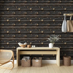 Dark Rustic Wood Log Wallpaper – Cabin Style Peel-and-Stick Bedroom Living Room
