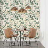 Neutral Beige Sage Leaf Wallpaper – Calm Peel-and-Stick Bedroom Office Design