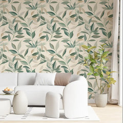 Neutral Beige Sage Leaf Wallpaper – Calm Peel-and-Stick Bedroom Office Design