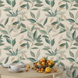 Neutral Beige Sage Leaf Wallpaper – Calm Peel-and-Stick Bedroom Office Design