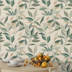 Neutral Beige Sage Leaf Wallpaper – Calm Peel-and-Stick Bedroom Office Design