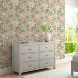 Vintage Blush Peony Sage Stripe Wallpaper – Peel-and-Stick Bedroom Living Room Design
