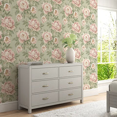 Vintage Blush Peony Sage Stripe Wallpaper – Peel-and-Stick Bedroom Living Room Design