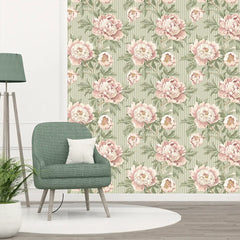 Vintage Blush Peony Sage Stripe Wallpaper – Peel-and-Stick Bedroom Living Room Design