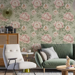 Vintage Blush Peony Sage Stripe Wallpaper – Peel-and-Stick Bedroom Living Room Design