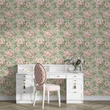 Vintage Blush Peony Sage Stripe Wallpaper – Peel-and-Stick Bedroom Living Room Design