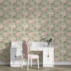 Vintage Blush Peony Sage Stripe Wallpaper – Peel-and-Stick Bedroom Living Room Design