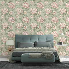 Vintage Blush Peony Sage Stripe Wallpaper – Peel-and-Stick Bedroom Living Room Design