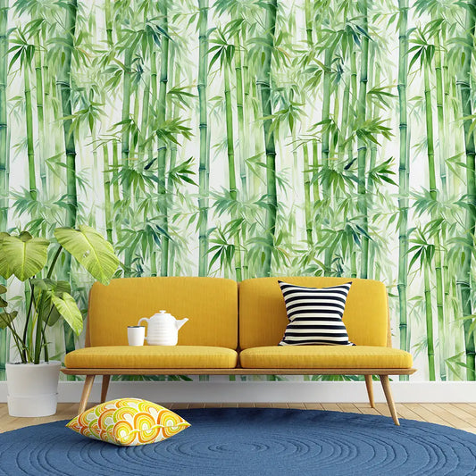 Green Bamboo Watercolor Wallpaper – Natural Peel-and-Stick Bedroom Office Design