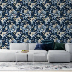 Navy Blue Watercolor Floral Gold Wallpaper – Elegant Botanical Peel-and-Stick Design