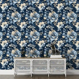 Navy Blue Watercolor Floral Gold Wallpaper – Elegant Botanical Peel-and-Stick Design