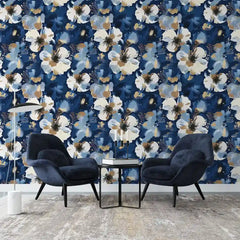 Abstract Navy Blue Floral Gold Brushstroke Wallpaper – Modern Peel-and-Stick Design