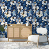 Abstract Navy Blue Floral Gold Brushstroke Wallpaper – Modern Peel-and-Stick Design