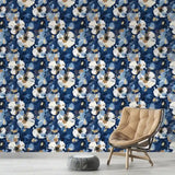 Abstract Navy Blue Floral Gold Brushstroke Wallpaper – Modern Peel-and-Stick Design