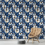 Abstract Navy Blue Floral Gold Brushstroke Wallpaper – Modern Peel-and-Stick Design