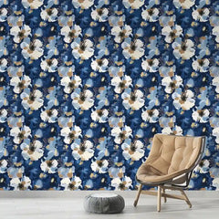 Abstract Navy Blue Floral Gold Brushstroke Wallpaper – Modern Peel-and-Stick Design