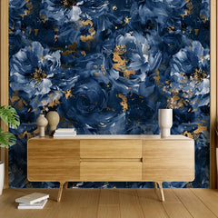Luxury Navy Abstract Floral Gold Wallpaper – Modern Botanical Peel-and-Stick Design