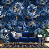 Luxury Navy Abstract Floral Gold Wallpaper – Modern Botanical Peel-and-Stick Design