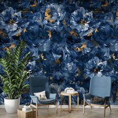 Luxury Navy Abstract Floral Gold Wallpaper – Modern Botanical Peel-and-Stick Design