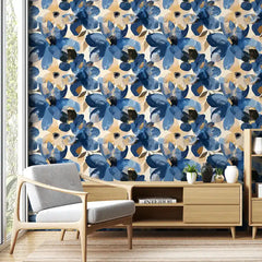Navy Blue Floral Beige Gold Botanical Wallpaper – Peel-and-Stick Modern Design