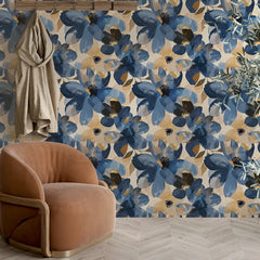 Navy Blue Floral Beige Gold Botanical Wallpaper – Peel-and-Stick Modern Design