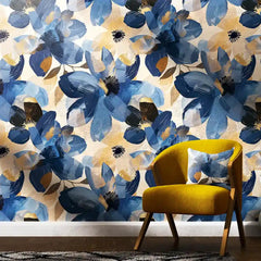 Navy Blue Floral Beige Gold Botanical Wallpaper – Peel-and-Stick Modern Design