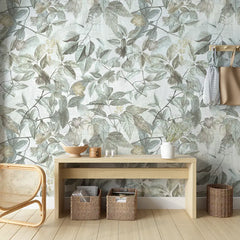 Sage Green Botanical Wallpaper – Minimal Peel-and-Stick Bedroom Living Room Design