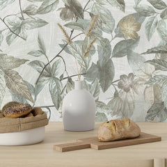 Sage Green Botanical Wallpaper – Minimal Peel-and-Stick Bedroom Living Room Design