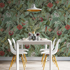 Tropical Botanical Bird Wallpaper – Vibrant Peel-and-Stick Bedroom Living Room Design