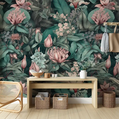 Vintage Green Pink Floral Wallpaper – Romantic Peel-and-Stick Bedroom Design