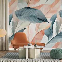 Modern Botanical Leaf Wallpaper – Minimal Peel-and-Stick Bedroom Office Design