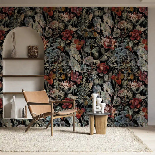 Black Burgundy Botanical Wallpaper – Dark Luxury Peel-and-Stick Bedroom Design
