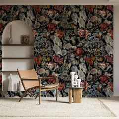 Black Burgundy Botanical Wallpaper – Dark Luxury Peel-and-Stick Bedroom Design