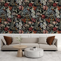 Black Burgundy Botanical Wallpaper – Dark Luxury Peel-and-Stick Bedroom Design