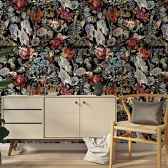 Black Burgundy Botanical Wallpaper – Dark Luxury Peel-and-Stick Bedroom Design