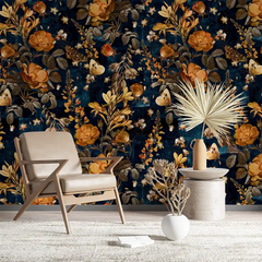 Dark Blue Vintage Botanical Wallpaper – Peel-and-Stick Bedroom Accent Wall