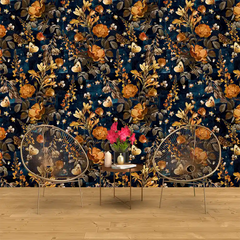 Dark Blue Vintage Botanical Wallpaper – Peel-and-Stick Bedroom Accent Wall