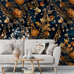 Dark Blue Vintage Botanical Wallpaper – Peel-and-Stick Bedroom Accent Wall