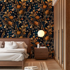 Dark Blue Vintage Botanical Wallpaper – Peel-and-Stick Bedroom Accent Wall