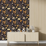 Black Beige Floral Wallpaper – Elegant Peel-and-Stick Bedroom Accent Wall Design