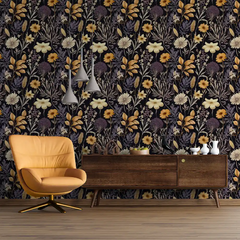 Black Beige Floral Wallpaper – Elegant Peel-and-Stick Bedroom Accent Wall Design