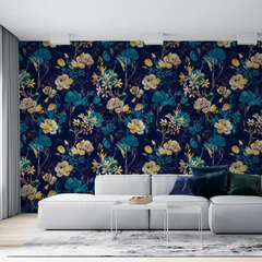 Teal and Gold Floral Wallpaper – Elegant Peel-and-Stick Bedroom Living Room Design