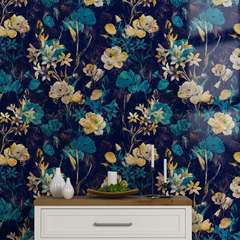 Teal and Gold Floral Wallpaper – Elegant Peel-and-Stick Bedroom Living Room Design