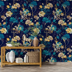 Teal and Gold Floral Wallpaper – Elegant Peel-and-Stick Bedroom Living Room Design