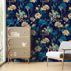 Teal and Gold Floral Wallpaper – Elegant Peel-and-Stick Bedroom Living Room Design