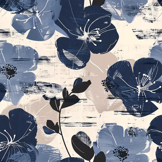 Navy Blue Floral Wallpaper Beige Abstract Brushstroke Botanical Modern Design