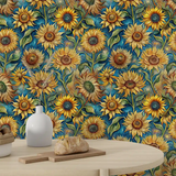 Teal Yellow Sunflower Wallpaper – Vibrant Peel-and-Stick Bedroom Living Room Design